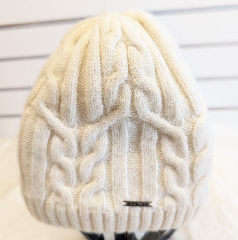 LL Bean Wool Hat Beanie Womens One Size Cable Knit Off White Fleece Lined NWOT